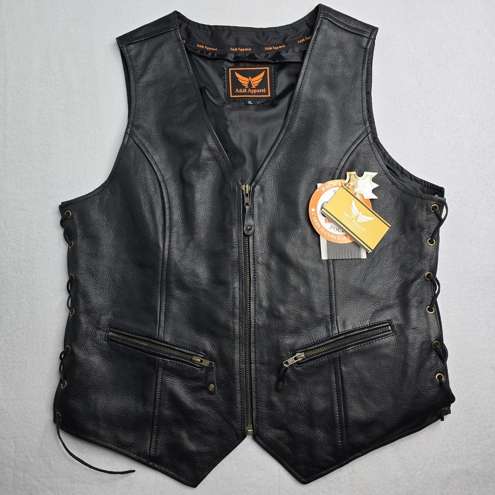 A&H Apparel Womens Cowhide Motorcycle Classic Leather Vest Gun Pocket womens‎ XL